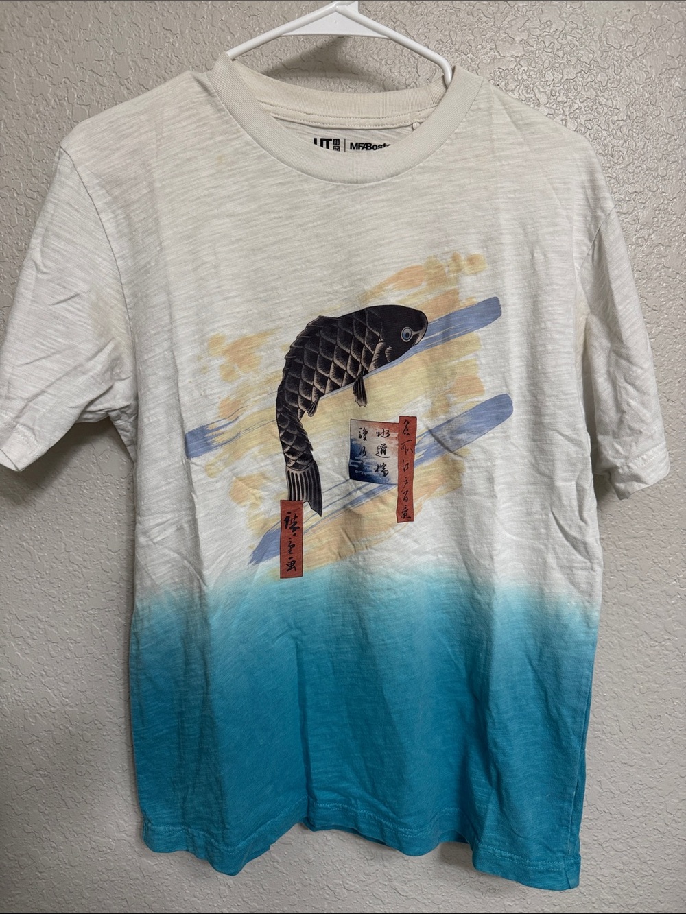 Uniqlo White & Blue Ombre Koi Fish Graphic Tee